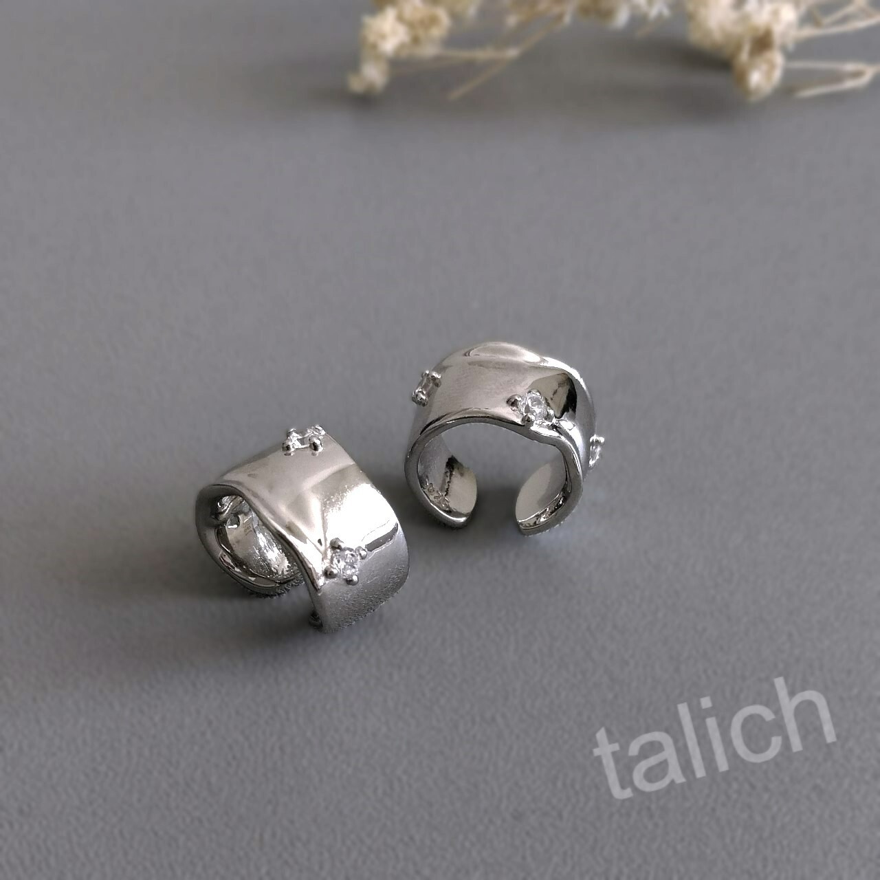 PAIR Organic Sterling Silver Ear Cuff with Tiny CZ Non Piercing Unique Minimal