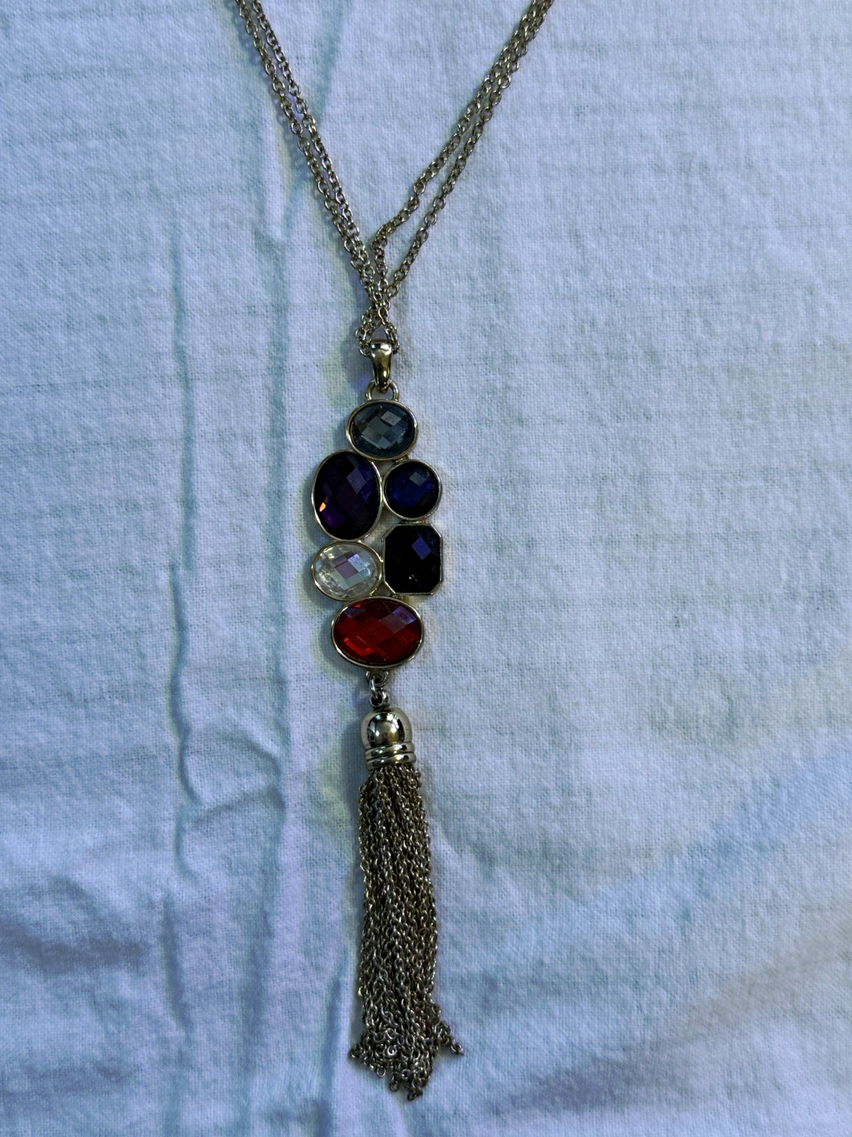 Silver Tone Lariat Pendant Necklace w/ Multicolor Oval Cabochon Tassel