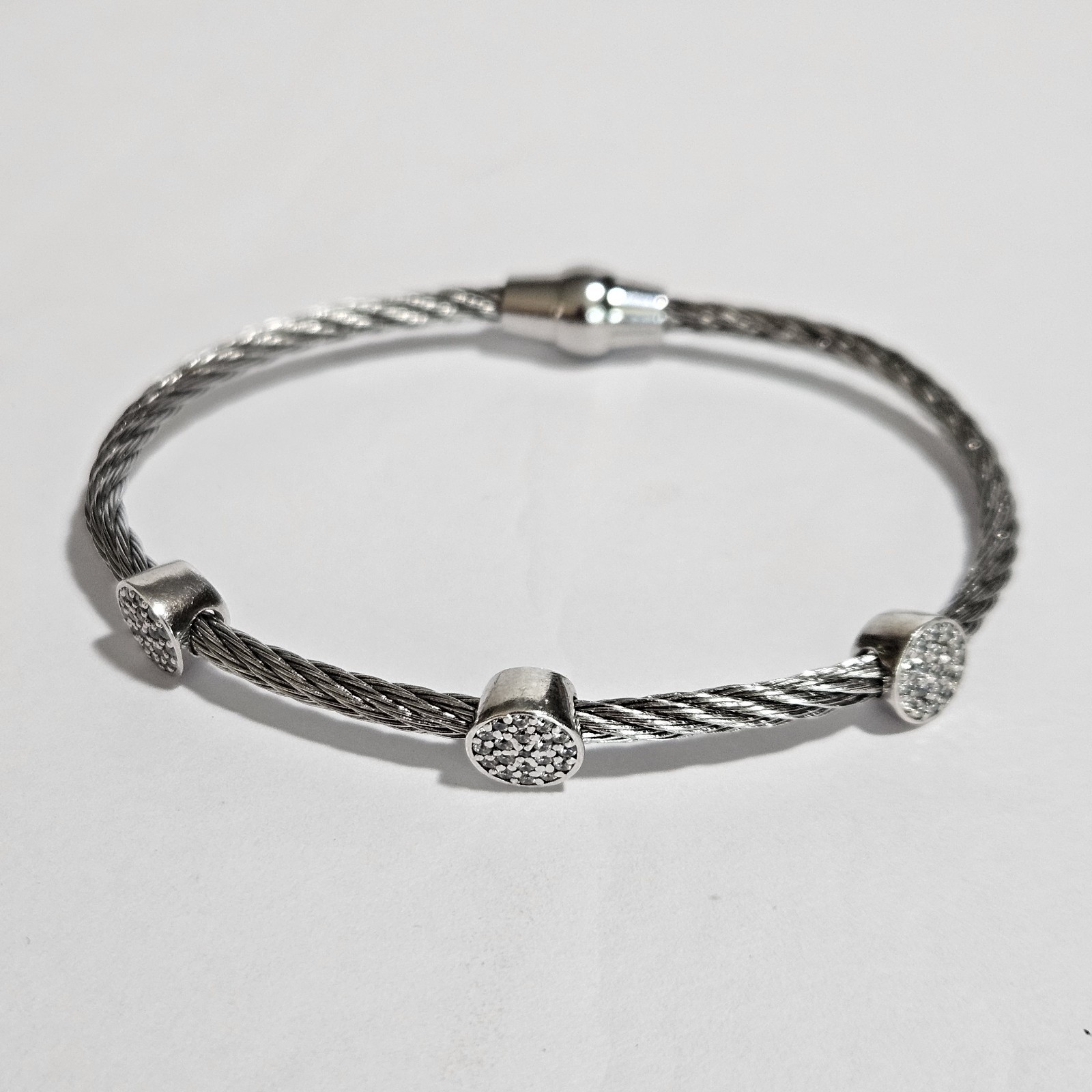 CZ 925 Sterling Silver and Stainless Steel Rope Bracelet Bangle 8 Inch Length