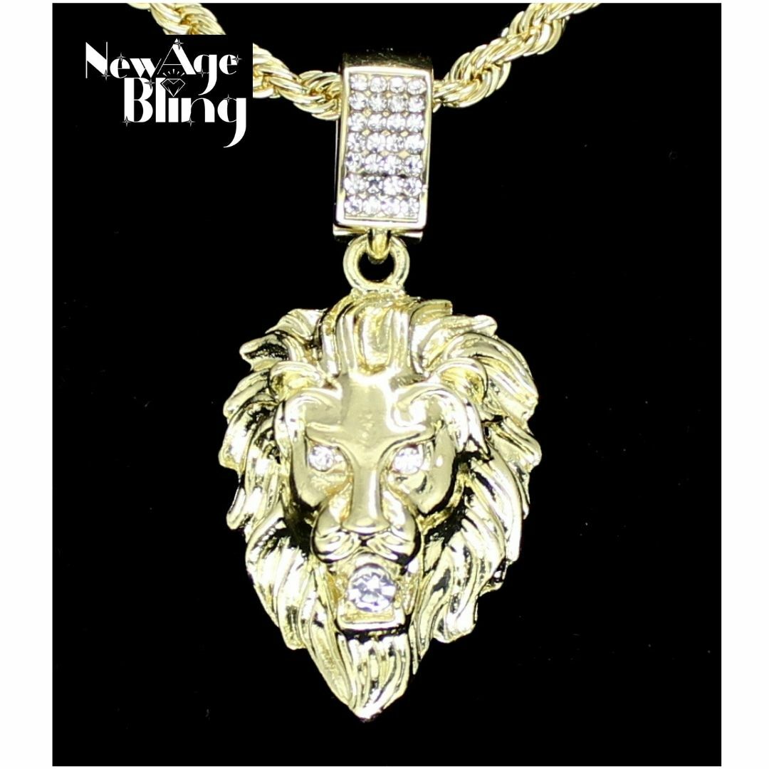 Mighty Lion Iced Cubic Zirconia Pendant 24″ Rope Chain 14k Gold Plated Hip Hop