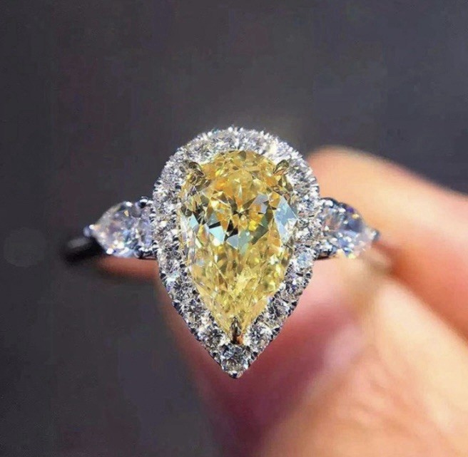 Sparkling Natural Yellow Citrine CZ Halo Teardrop Necklace & Ring Size 10 Set
