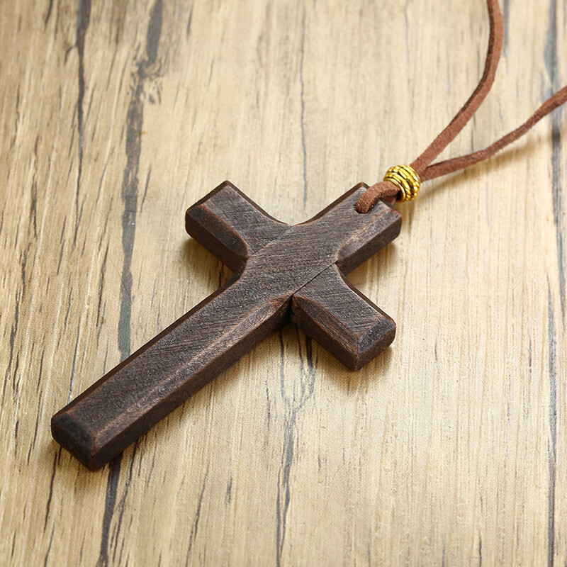 Retro Wood Cross Crucifix Leather Cord Pendant Men Women Necklace Sweather Chain