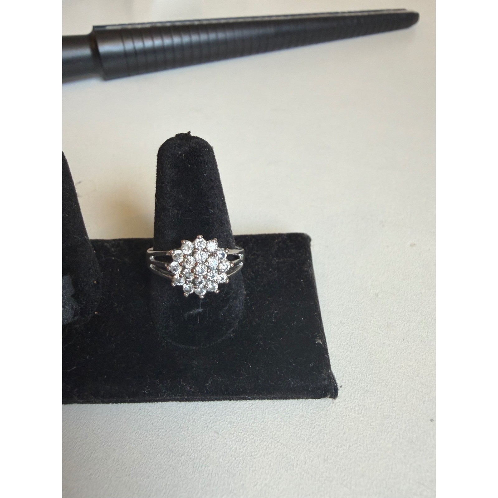 Silver Tone Cubic Zirconia Flower Cluster Split Shank Cocktail Ring Size 8.25