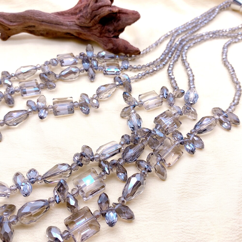 3 Rows 13mm Gray Crystal Statement Necklace Women Strand Necklaces