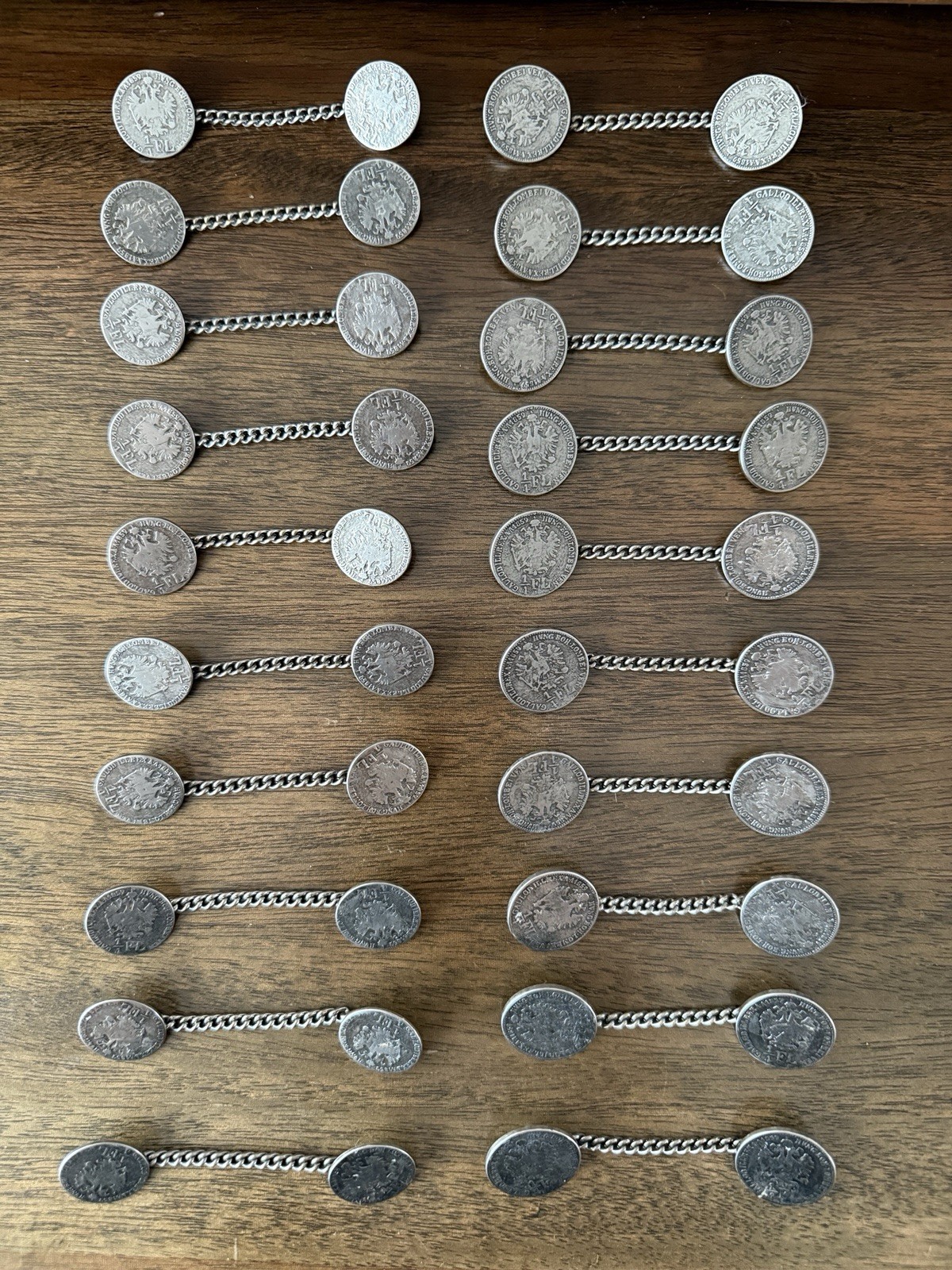 Lot of 20 Vintage Metal Trachten Coin Buttons Linked Chain Pairs 1/4 Florin Styl