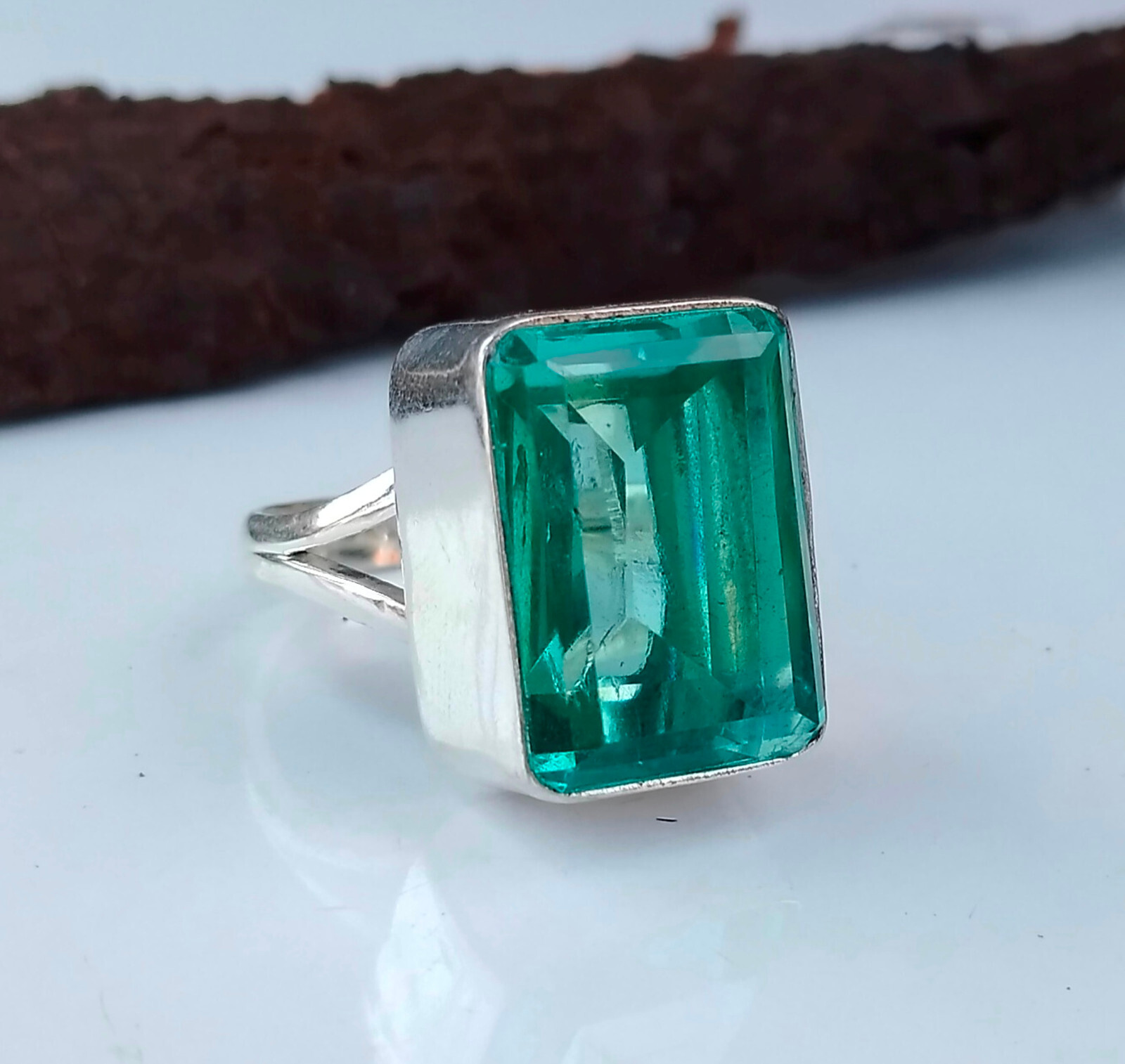 Rectangle Aquamarine Gemstone 925 Sterling Silver Handmade Ring For Gift PG1806