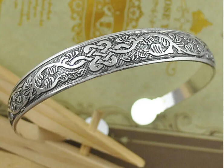 Classi Cuff Bracelet Tibetan Silver Plated Carved Flower Animal Opening Bangle