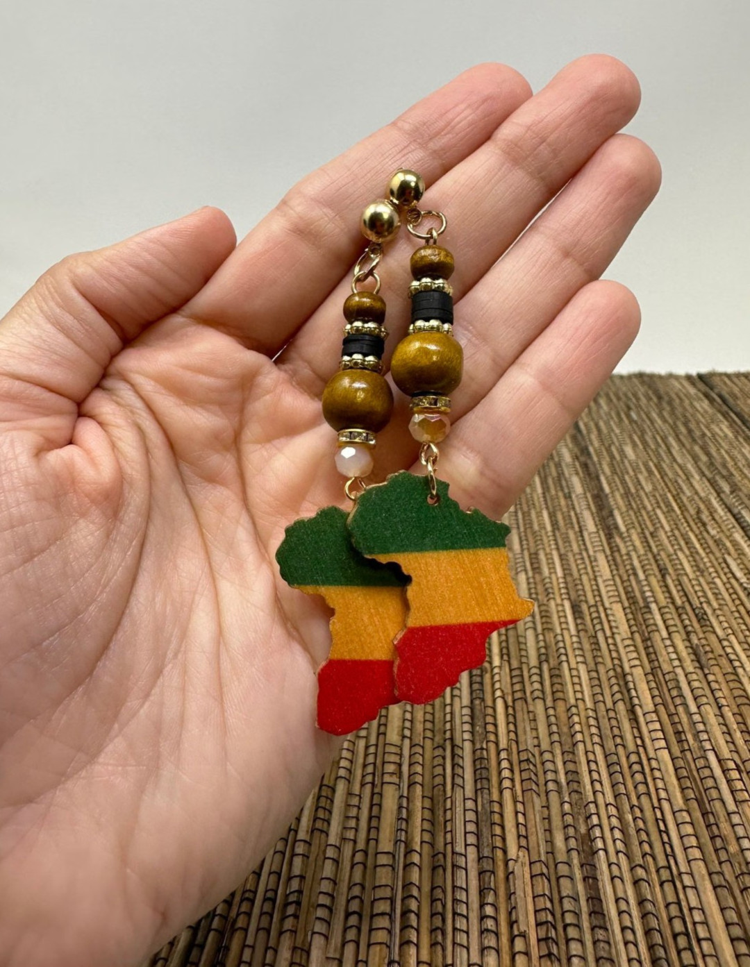 Rasta Africa Map Wooden Earrings 2.5” Stud Dangle Wood Bead Earrings Red Yellow