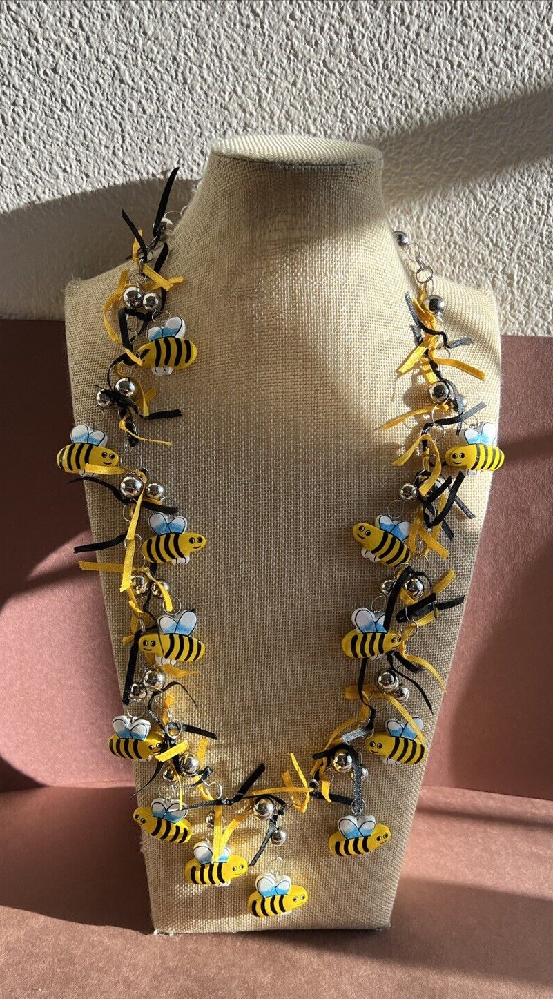 Whimsical Black And Yellow Silver Tone Necklace With Painted Wooden Bees NWT 30″