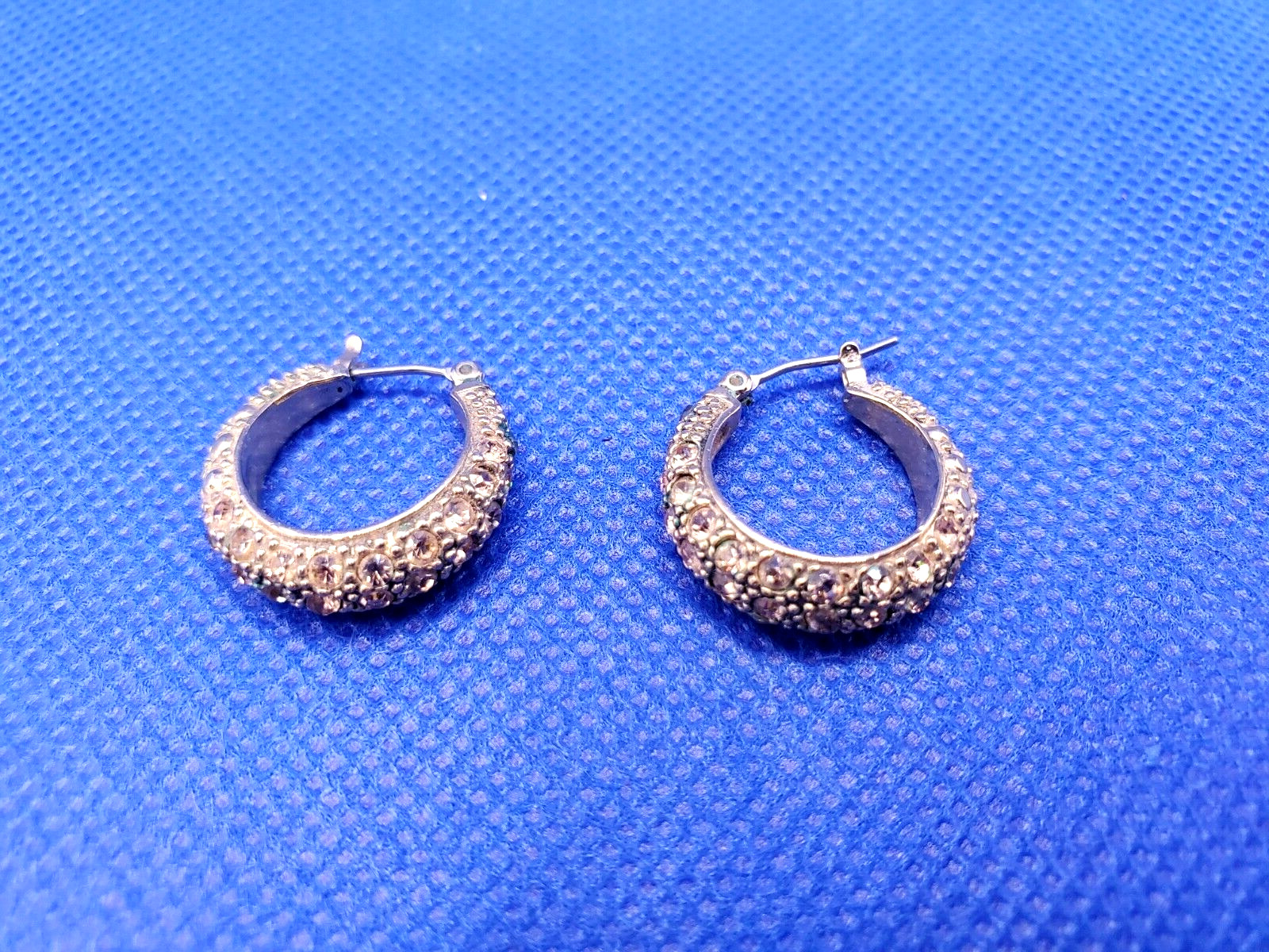 Vintage MONET McKinley C-Shaped Modern Rhinestones Crystal Hoop Earrings DAMAGED