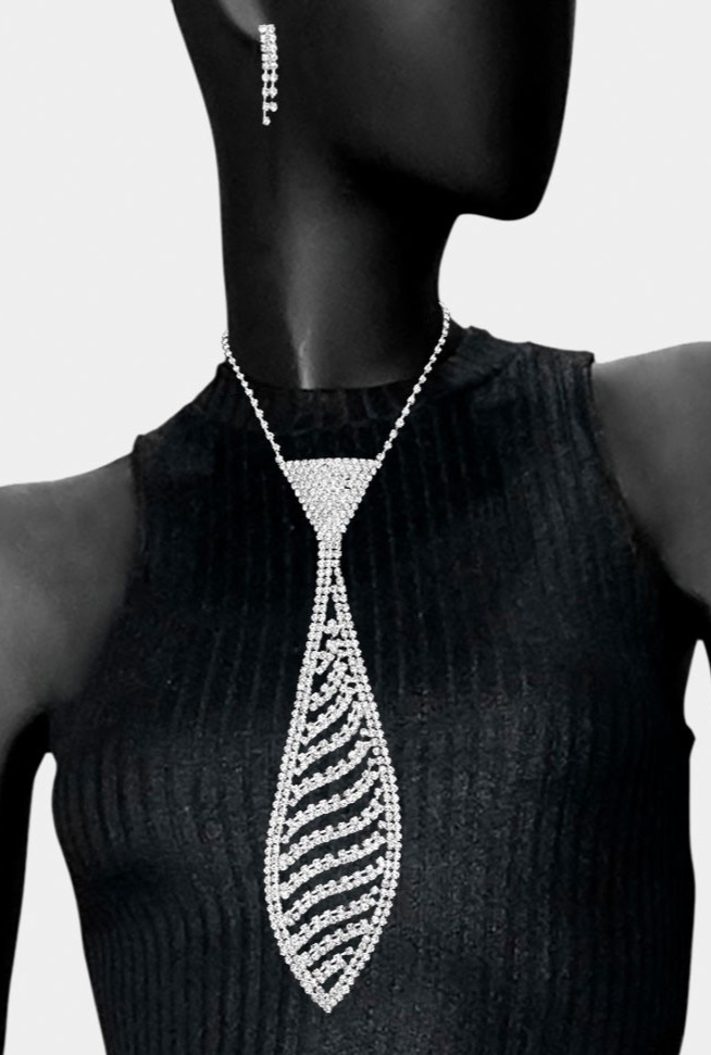 Wavy Crystal Necktie Women’s Necklace Set Silver Plated Neck Tie Evening Out