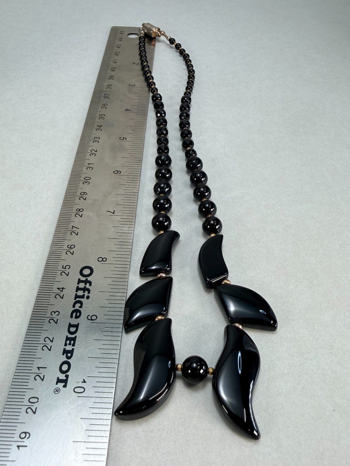 Vintage Black Onyx Smooth Collar Necklace Statement Beaded Gold Tone