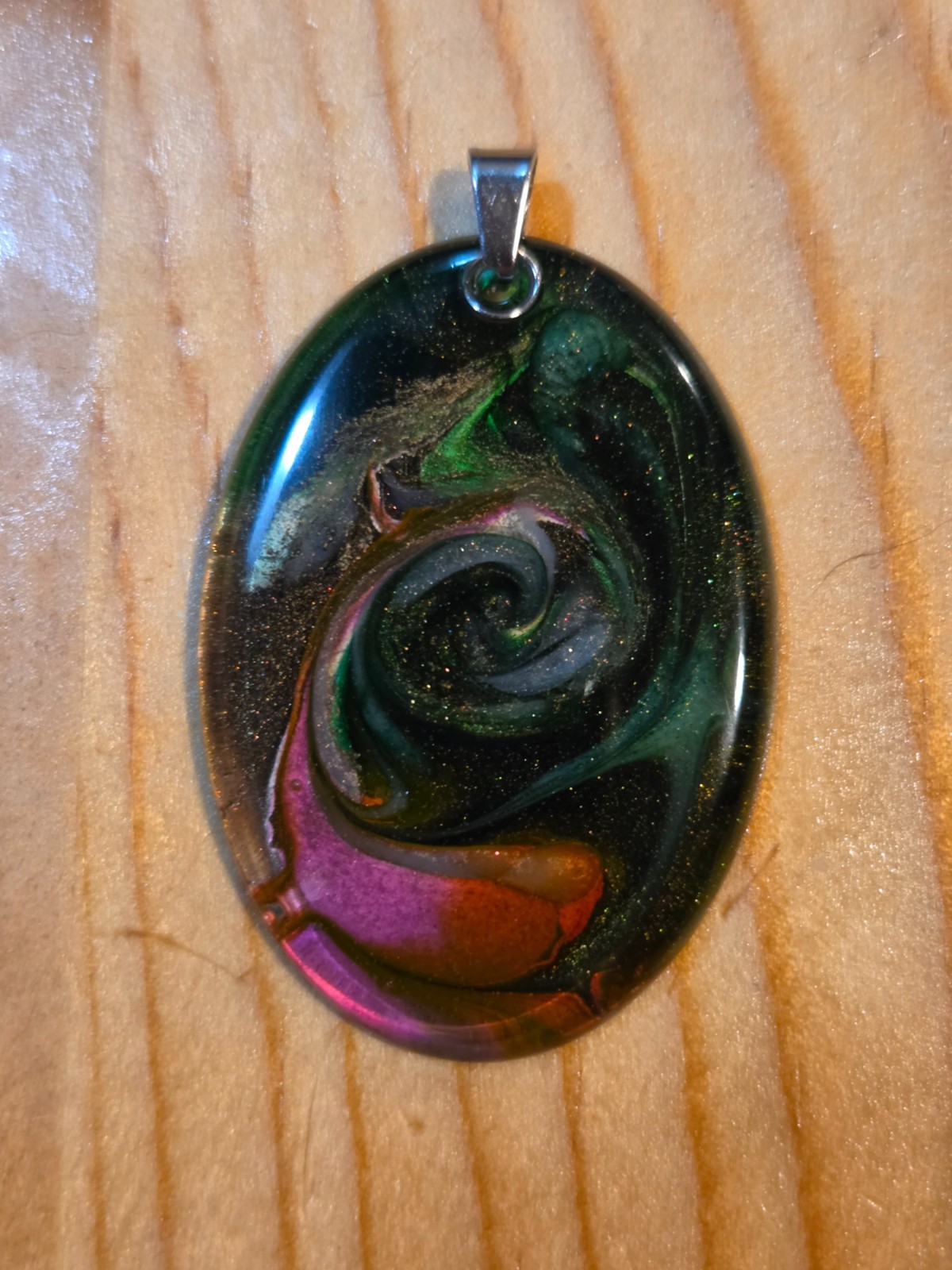 OOAK Handmade Resin Oval Pendant Green Black Multicolor Swirl Glitter N096