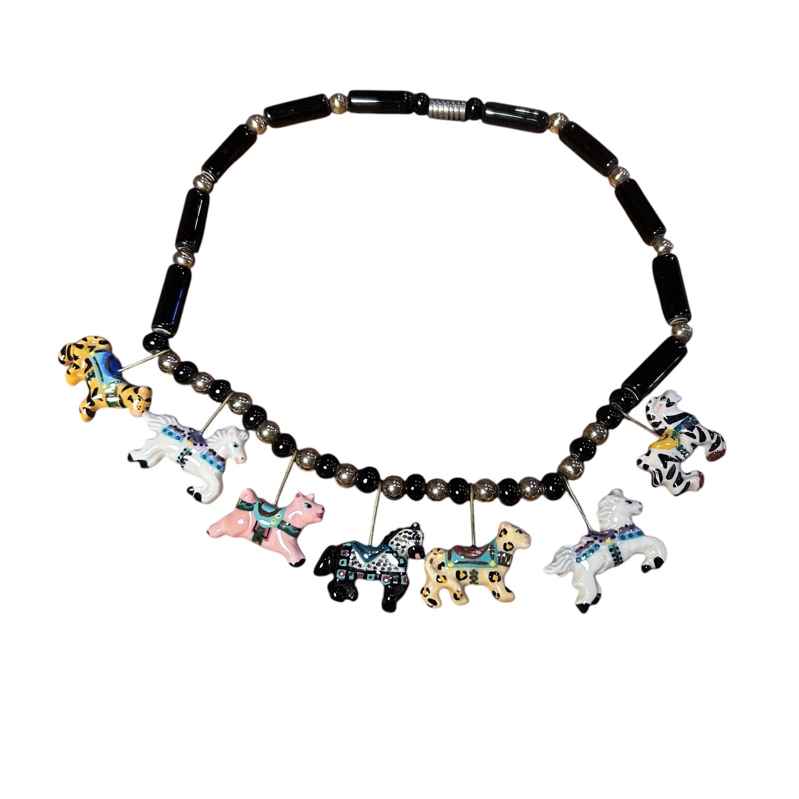 Vintage Ceramic “Flying Colors” Carousel Animals Necklace Horse Lion Zebra
