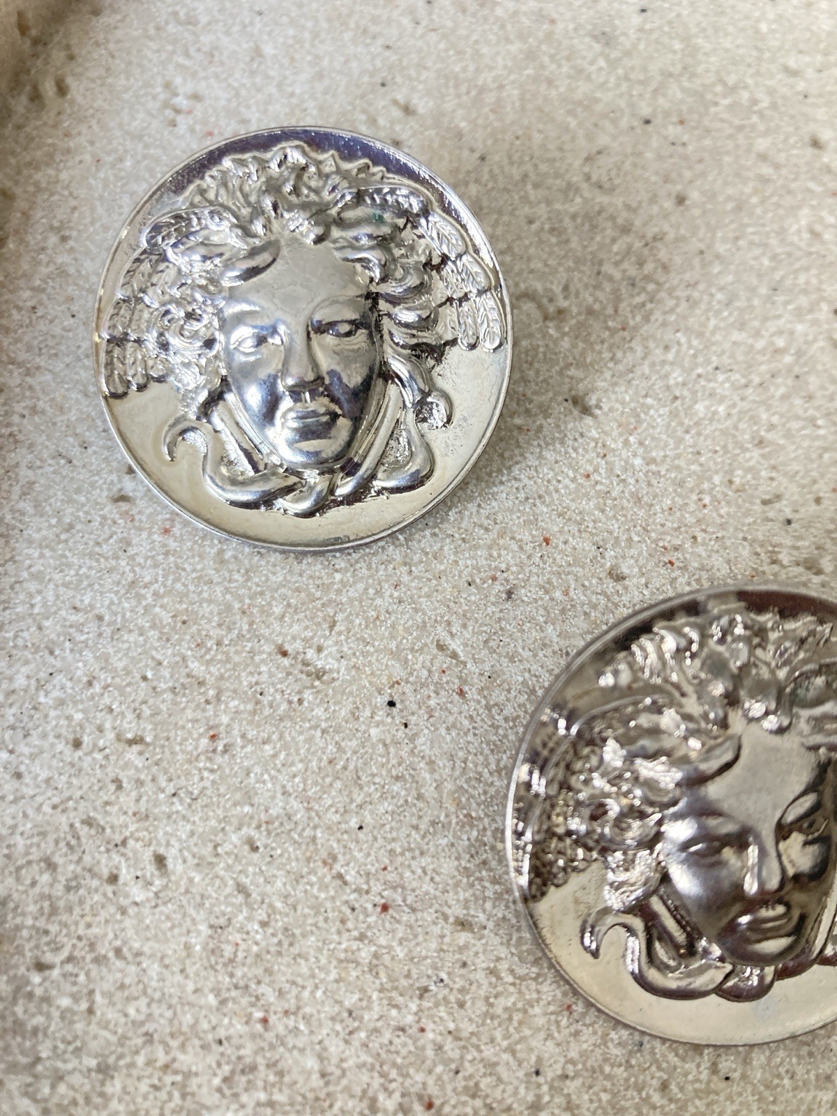 Silver Tone Medusa Face Button Earrings Greek Mythology Goddess Statement Large