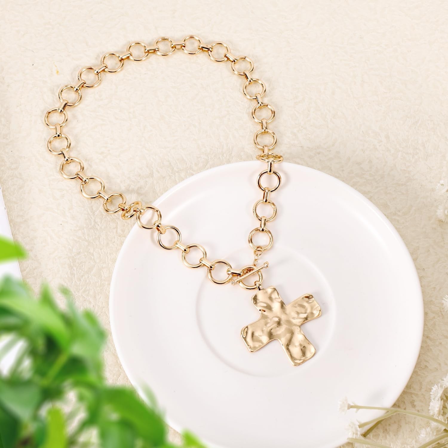 Hammered Cross Necklace, Chunky Statement Gold Cross Chain Necklace Gold Bold Cr