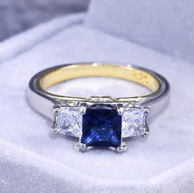 2Ct Princess Cut Simulated Sapphire Three Stone Band Ring 14K White Gold Plated