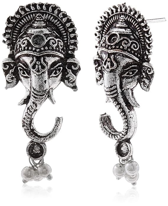 Silver Ganesha Hindu Elephant-headed God Ganapati Amulet Earrings