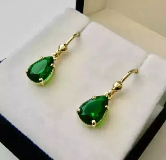 2Ct Pear Cut Simulated Emerald Drop Dangle Earrings 14k Yellow Gold Plated
