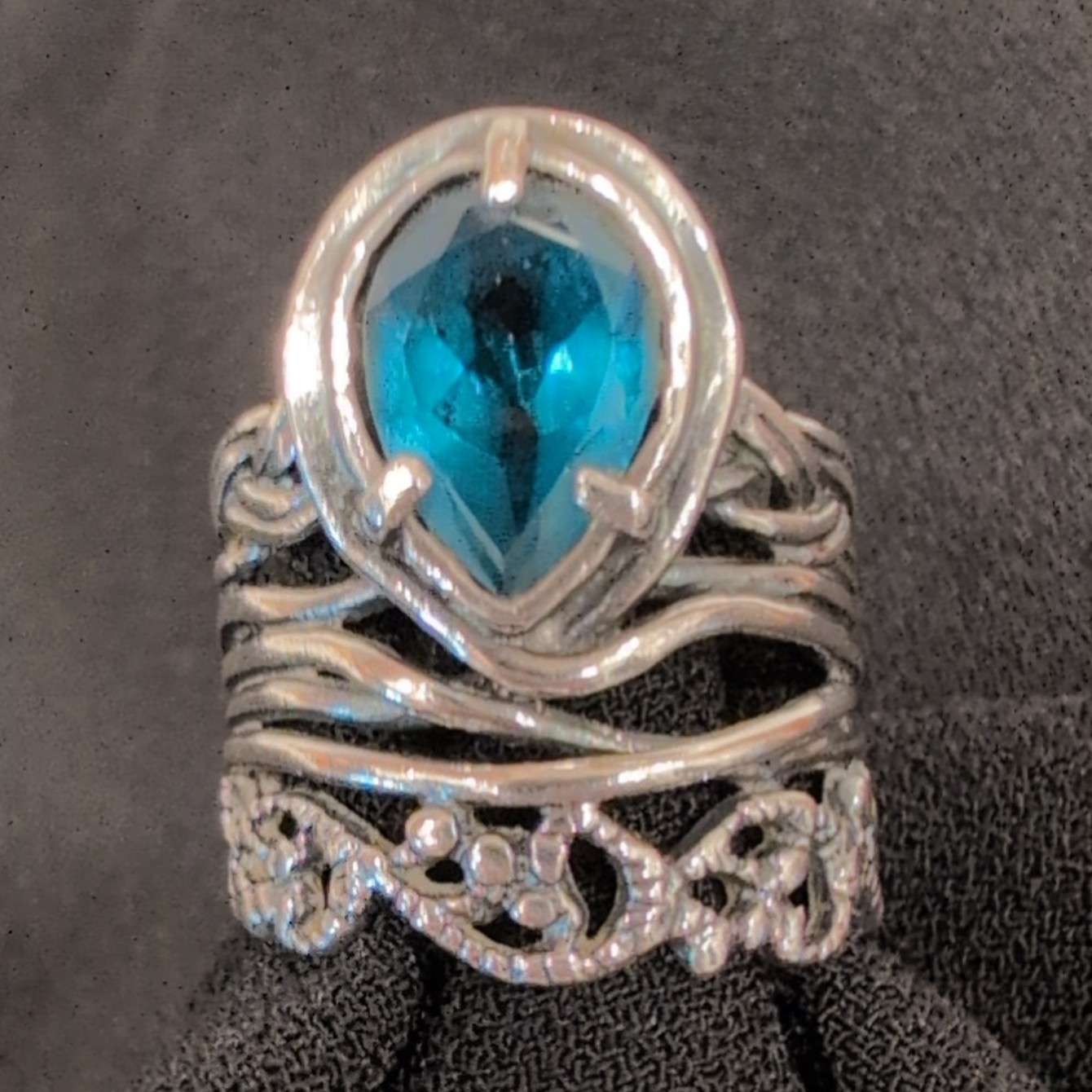 925 Sterling Silver Blue Pear Tear drop Crystal Prong-Set Israel Band Ring SZ 7