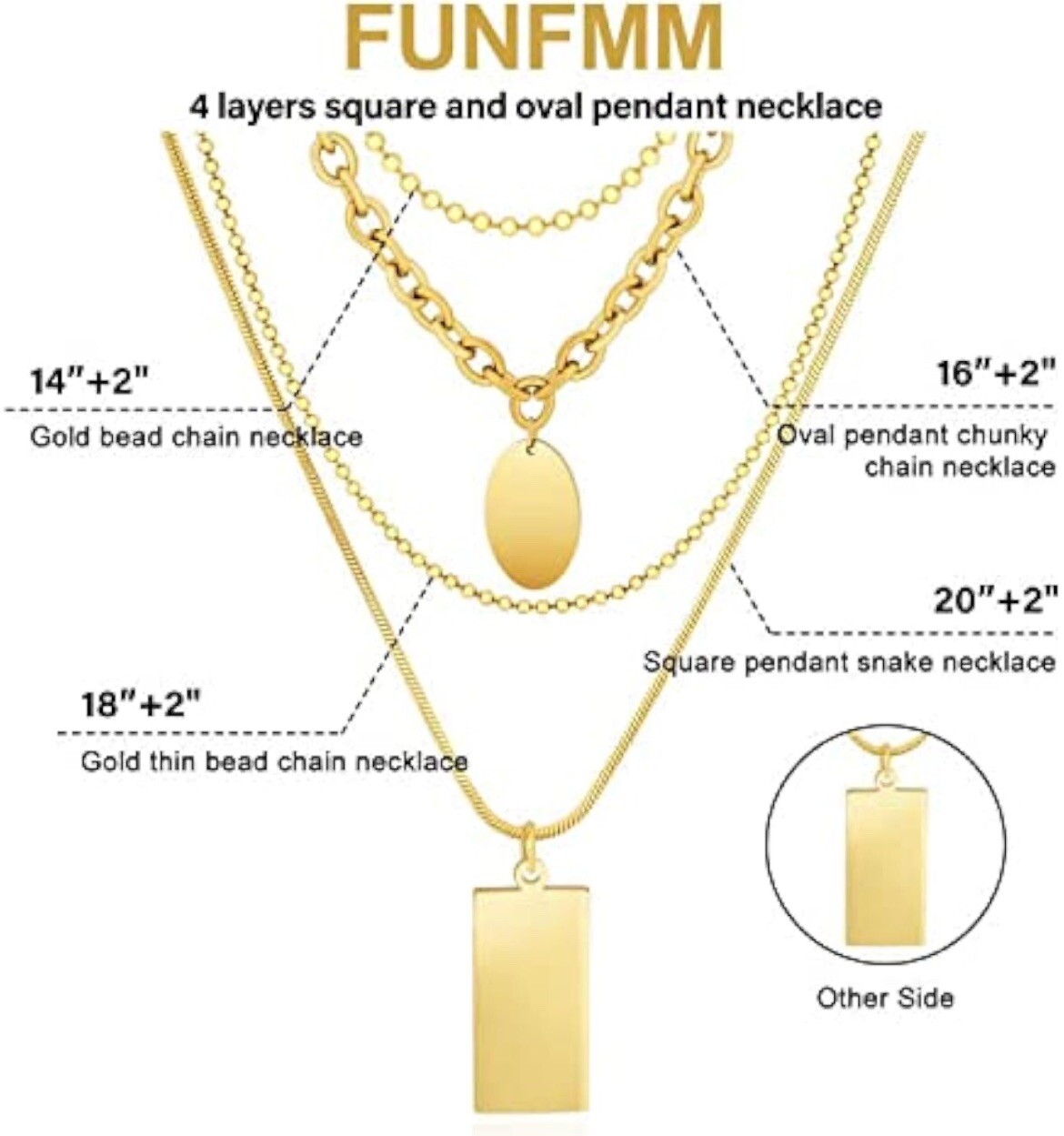 4PCS Gold Layered Necklace Set: bead,thin bead, oval square pendant chunky chain
