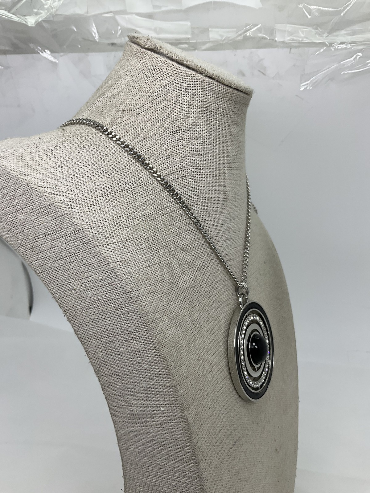 White House Black Market Black Leather Inlay & Rhinestone Pendant Necklace