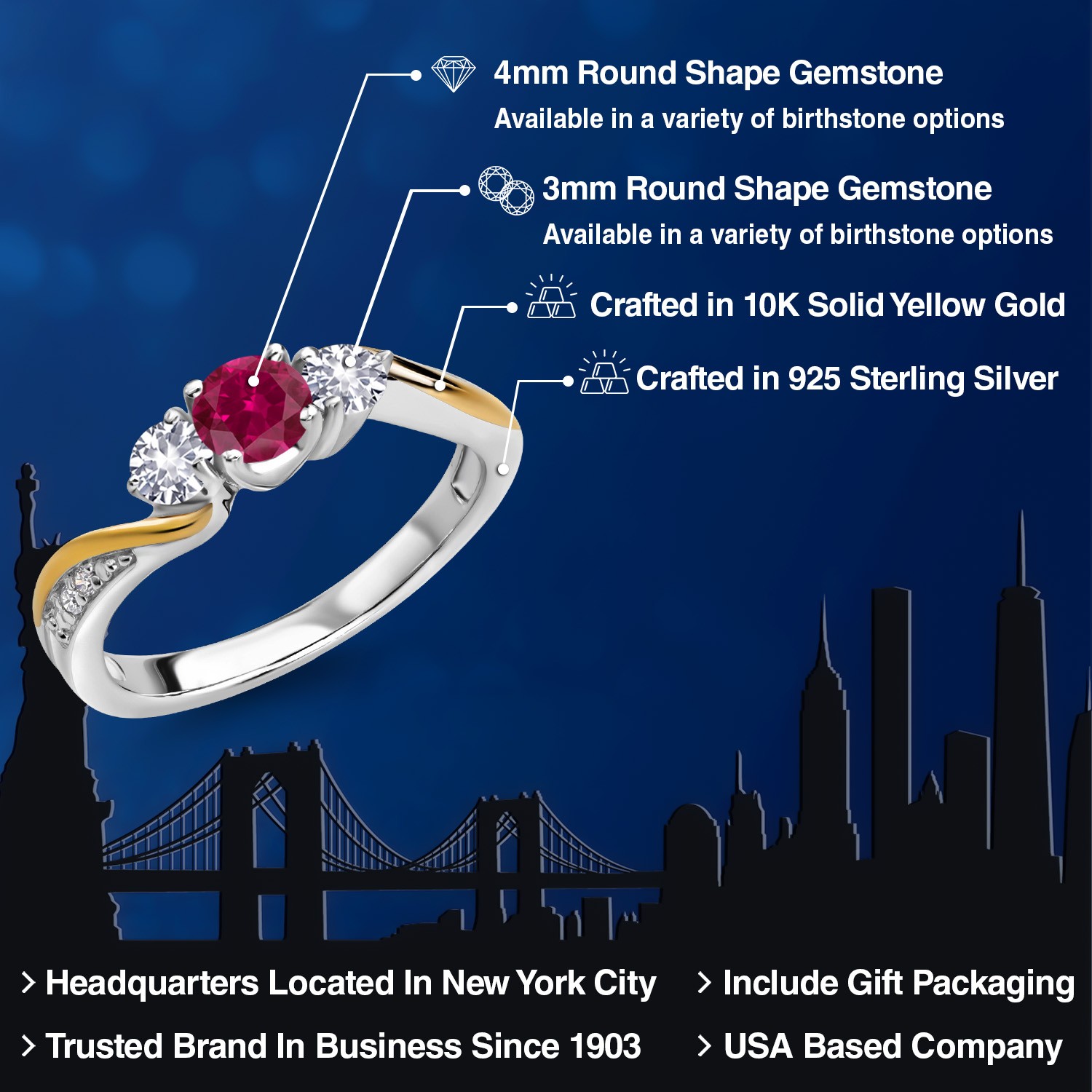 925 Silver and 10K Yellow Gold Created Ruby White Created Sapphire and White