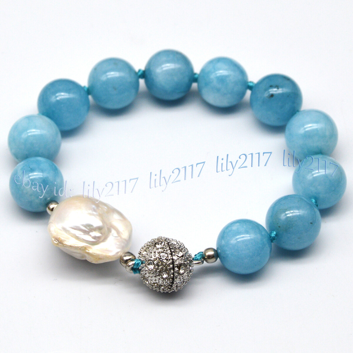 Natural Blue Aquamarine Round Gemstone Beads White Keshi Baroque Pearl Bracelet