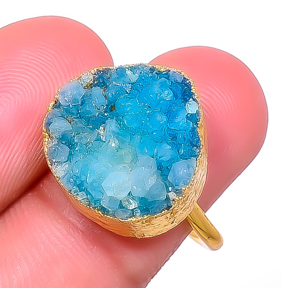 Black Quartz Drusy Electroformed Gold Plated Brass Ring Size Adjustable (R25)