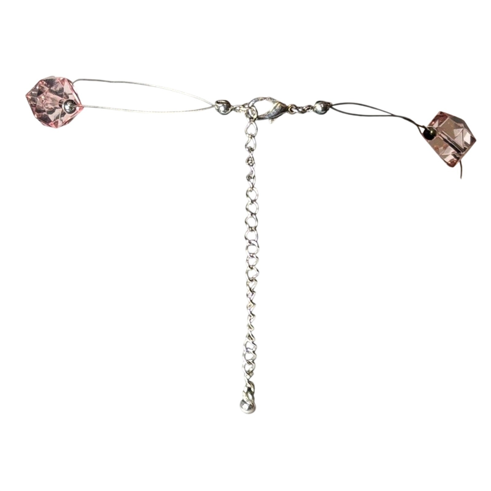 Pink Crystal Beaded Necklace Silver Tone Wire 16” + Ext Floating Statement