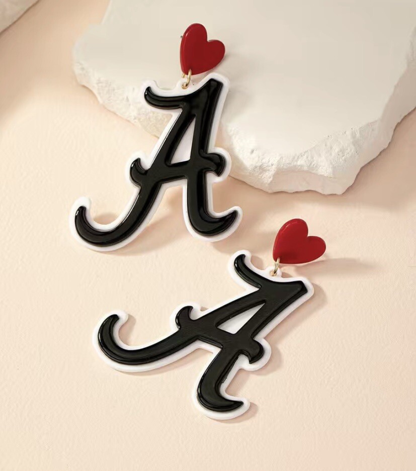 Alabama Crimson Tide Inspired Black Letter A Dangle Earrings