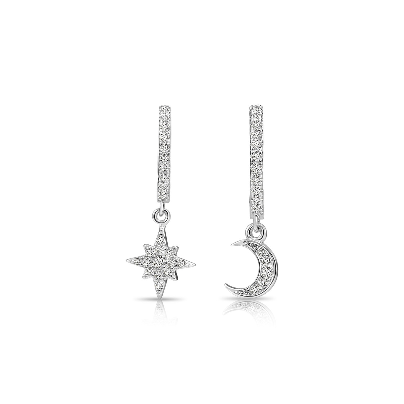 925 Sterling Silver Star & Crescent Pave Charm Dangle Drop Huggie Hoop Earrings