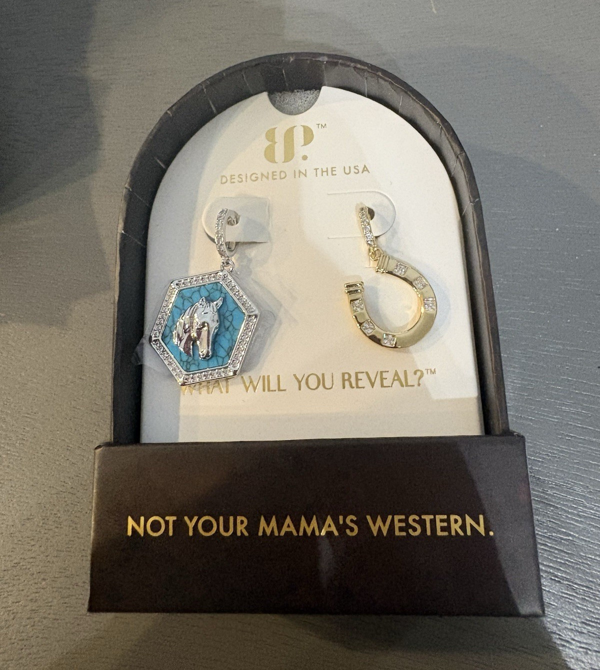 BP Ranch Romance Gold Plated Turquoise CZ Horseshoe Dangle charms