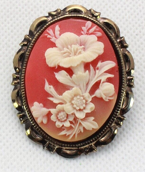Brooch Pin – Oval – Flower – Carved – Cameo Style – Orange White – Gold Tone