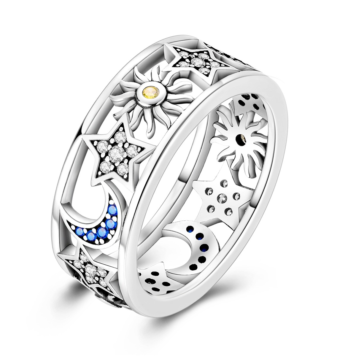 LAZA 925 Sterling Silver Sun Moon Star Hollow Finger Ring Blue CZ Women Jewelry