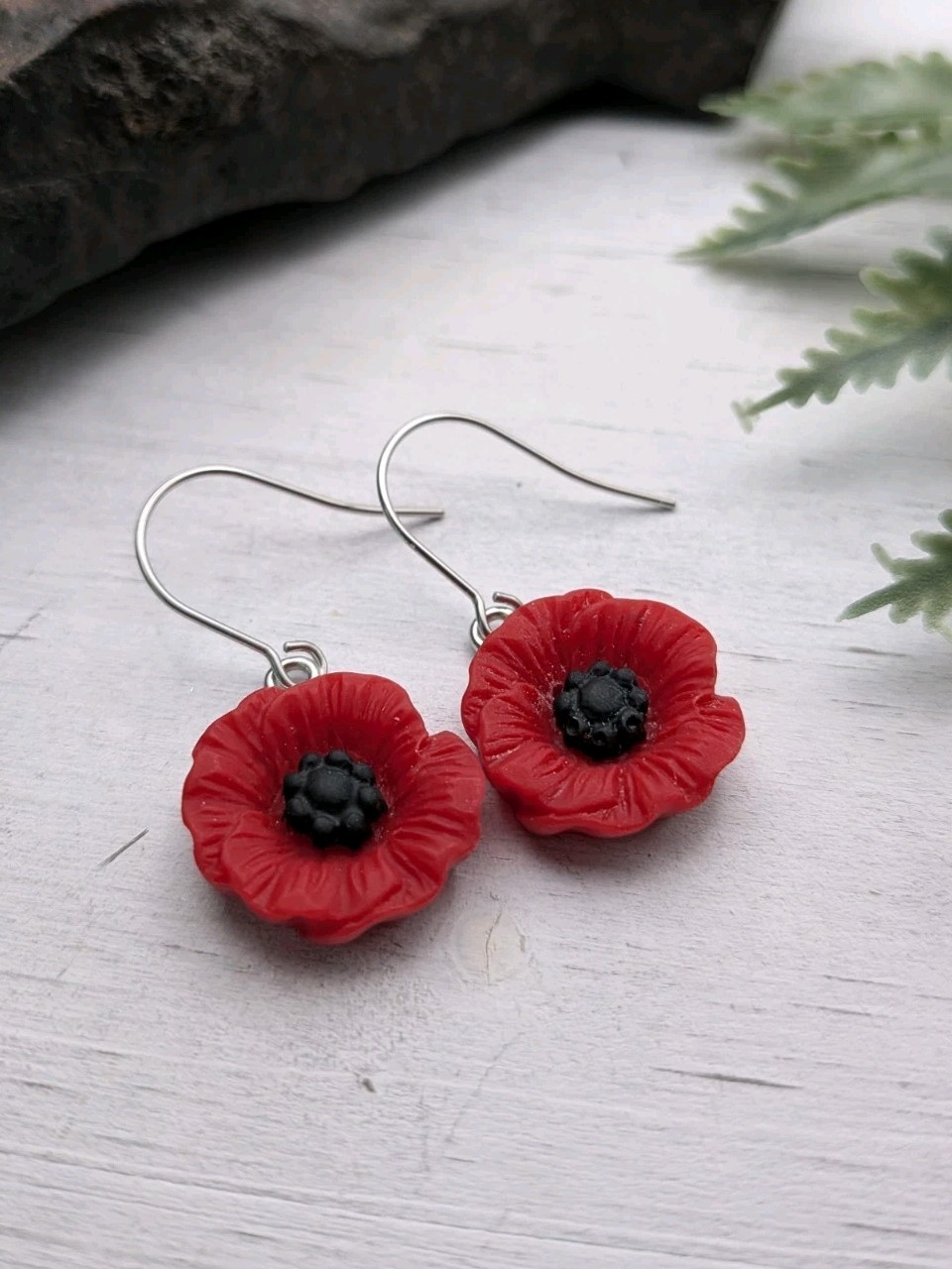 Red Poppy Dangle Earrings / Flower Jewelry