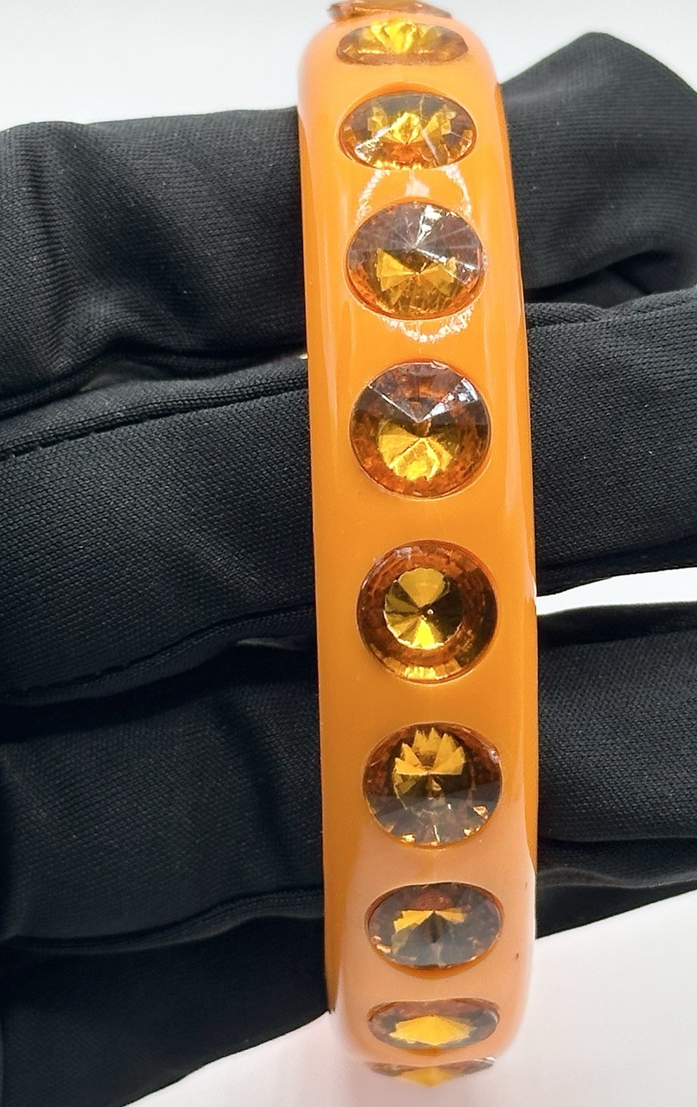 Vintage Orange Plastic Rhinestone Bangle Bracelet Chunky Statement 9”