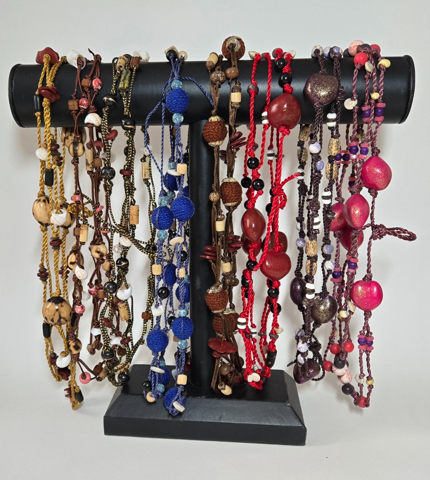 Boho Beaded Necklace Bulk Lot 20 pcs Handmade Cord Wood Bead Long Necklace Natur