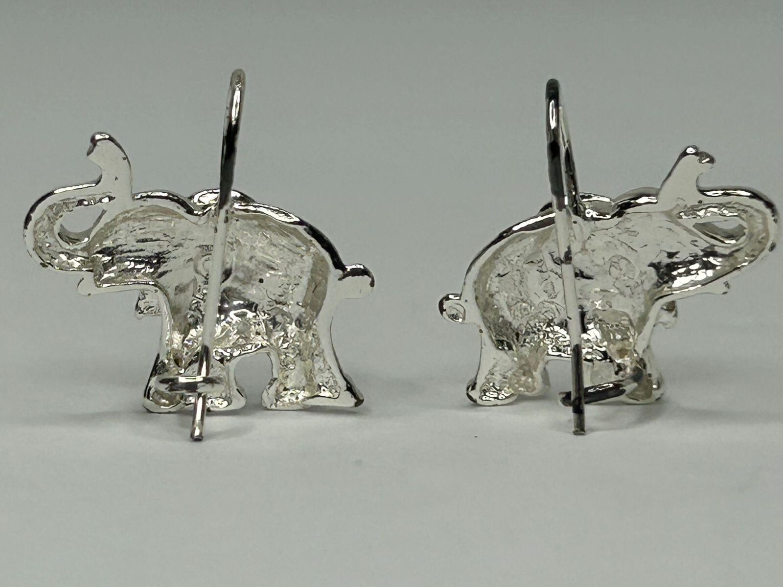 925 Elephant Earrings 0.75in Drop Silver Tone French Wire Detailed Trunk Up
