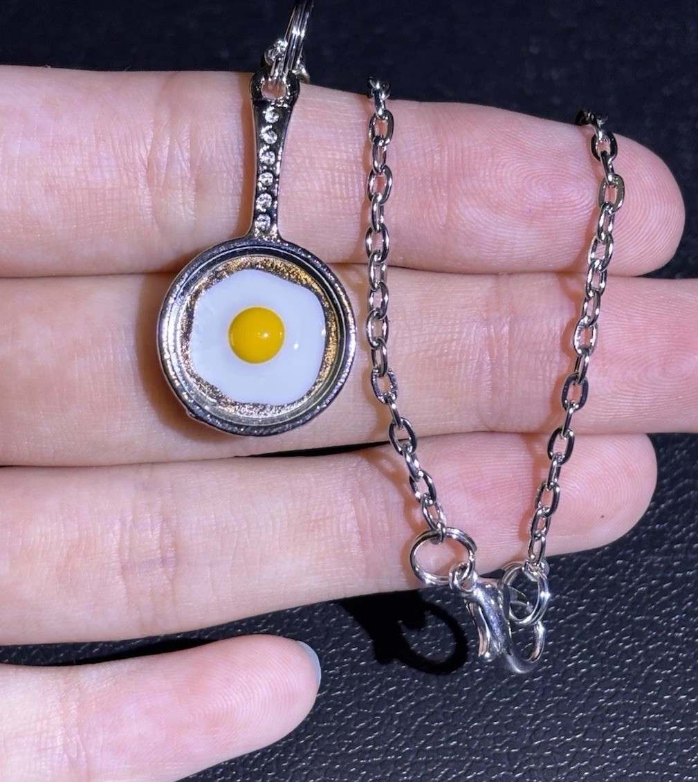 Fried Egg In Pan Pendant Silver tone Chain Necklace