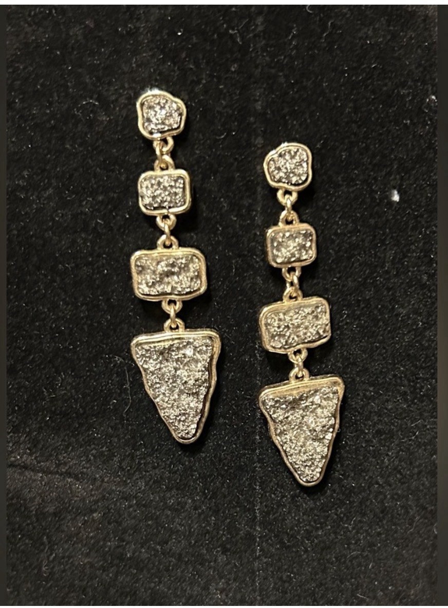 Gray Druzy Silver-Tone Three Layer Dangle Stud Earrings.