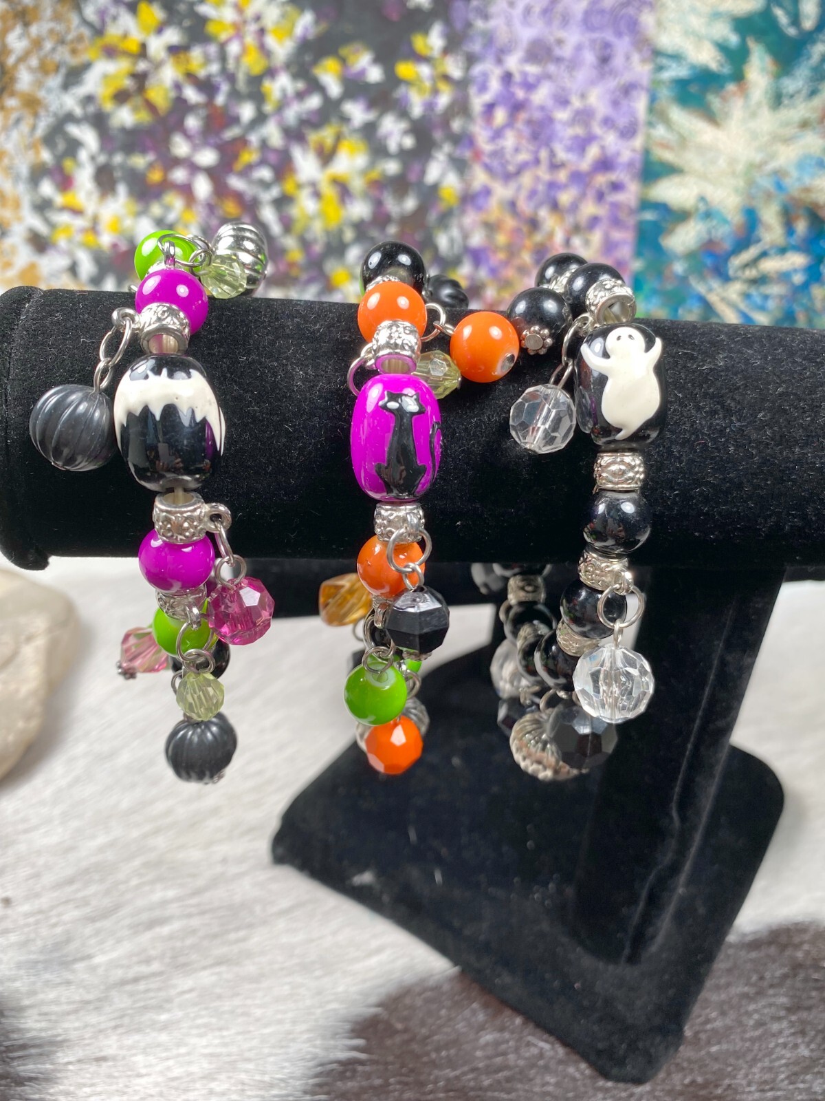 Halloween Bracelet Glass Beaded Stretch Bracelet Ghost Spooky Cat Bat Spooky 5