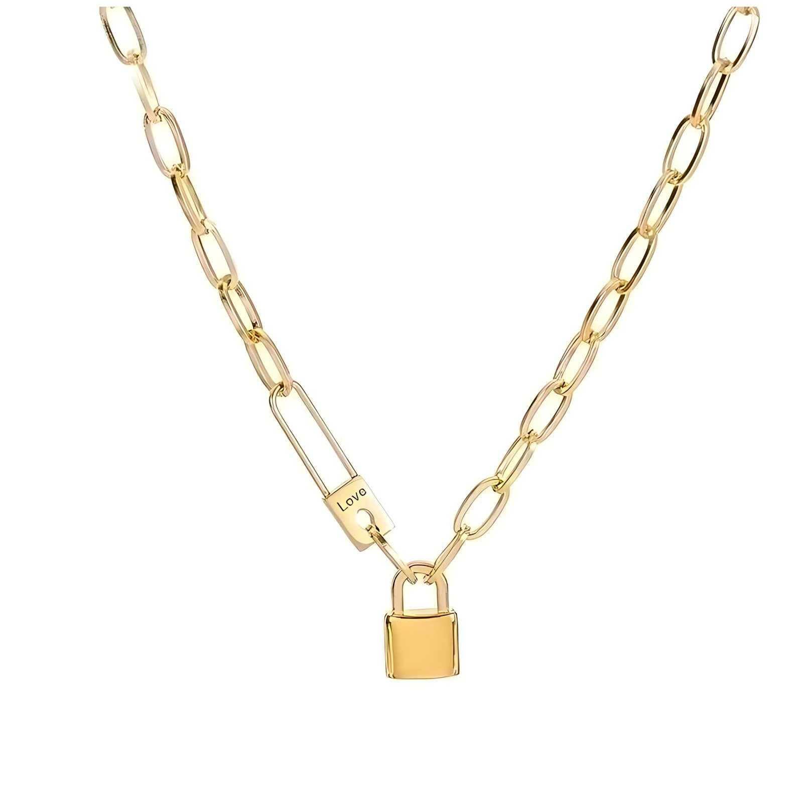 Oval Chain Necklace for Women Lock Pendant 18K Gold Plated Stainless Steel Ad…