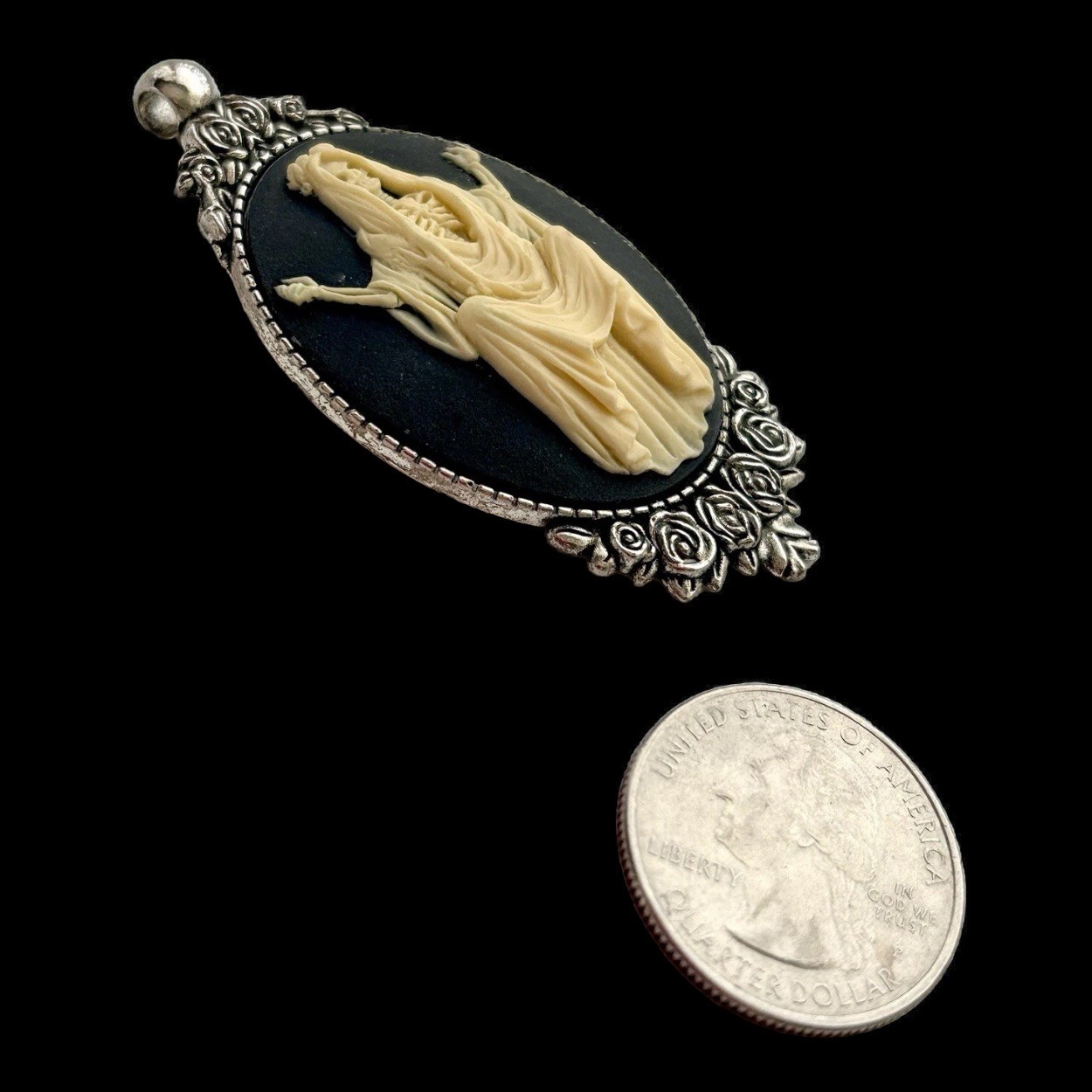 Santa Muerte Cameo Necklace Vintage Pendant, Ivory on Black, Antique Silver pltd