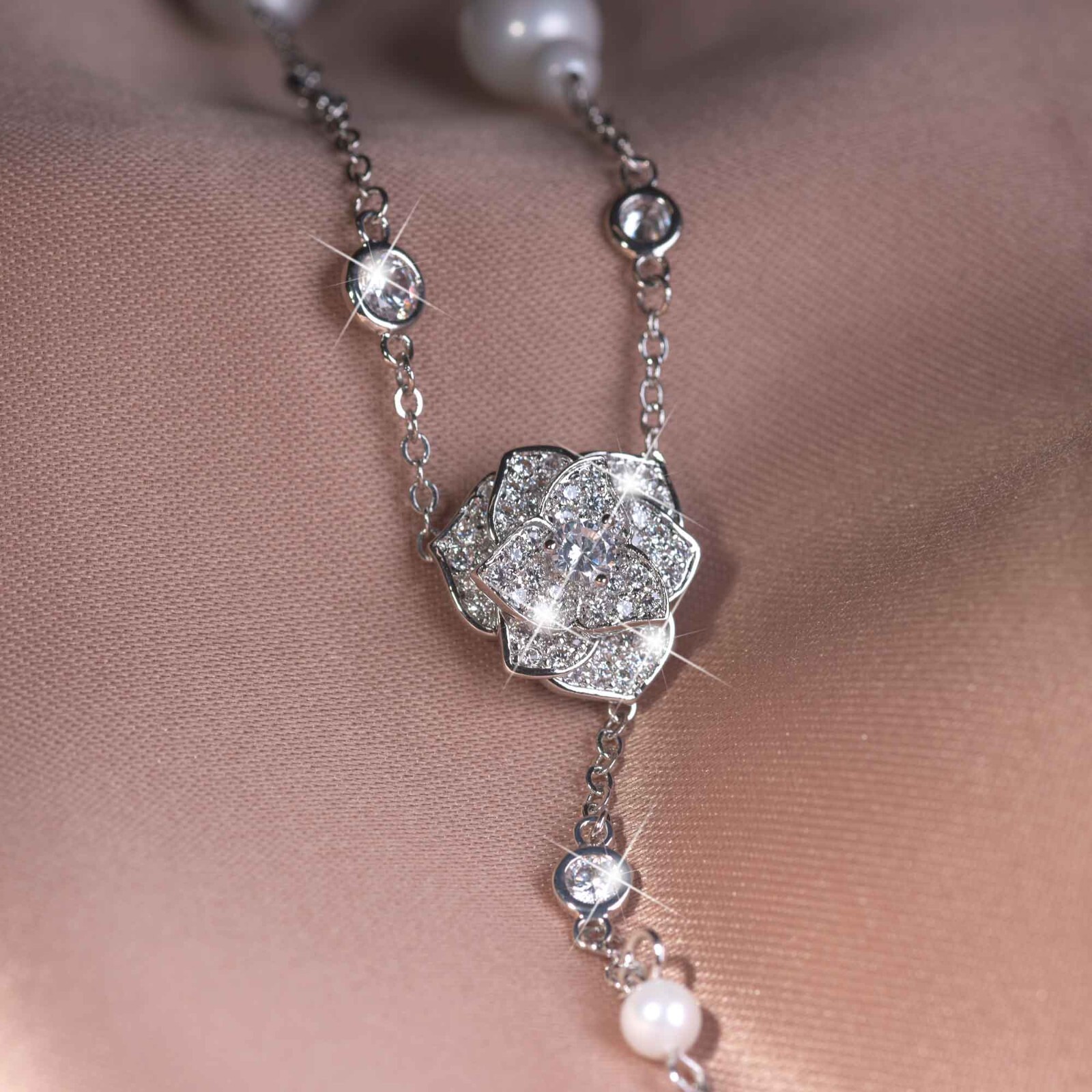silver pearl Y Lariat necklace made with Swarovski crystal rose flower pendant