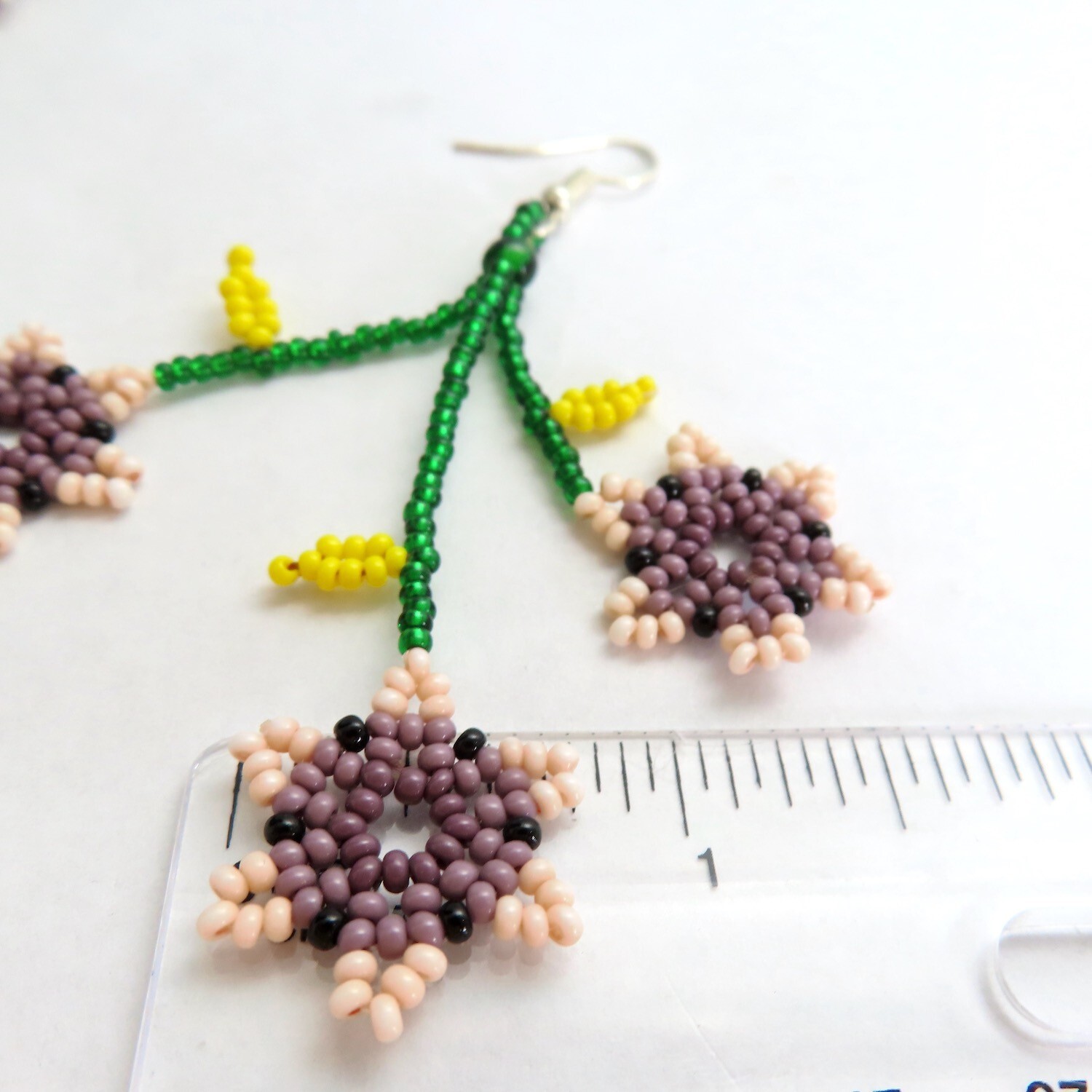 Beaded Dangle Earrings Pink Purple Flowers Huichol Handmade Mexican Folk Art