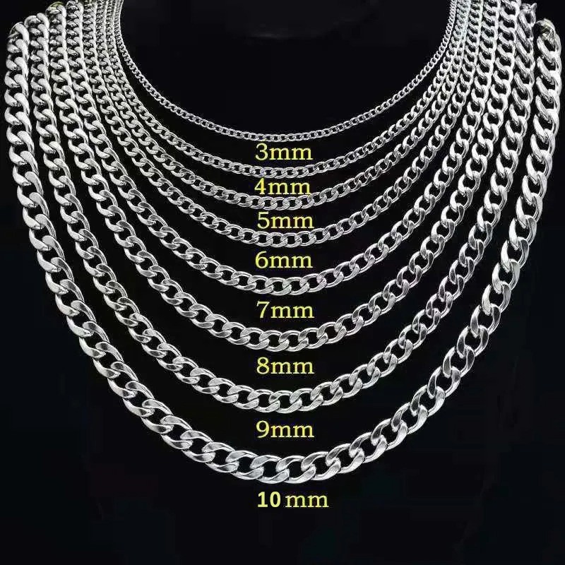 925 Silver Plated Flat Cuban Chain Necklace Men 4-10mm Stainless Jewelry
