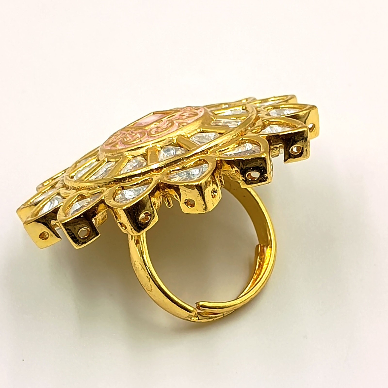 Kundan Polki CZ Ring 22k Gold Plated Adjustable Band Traditional Indian Jewelry