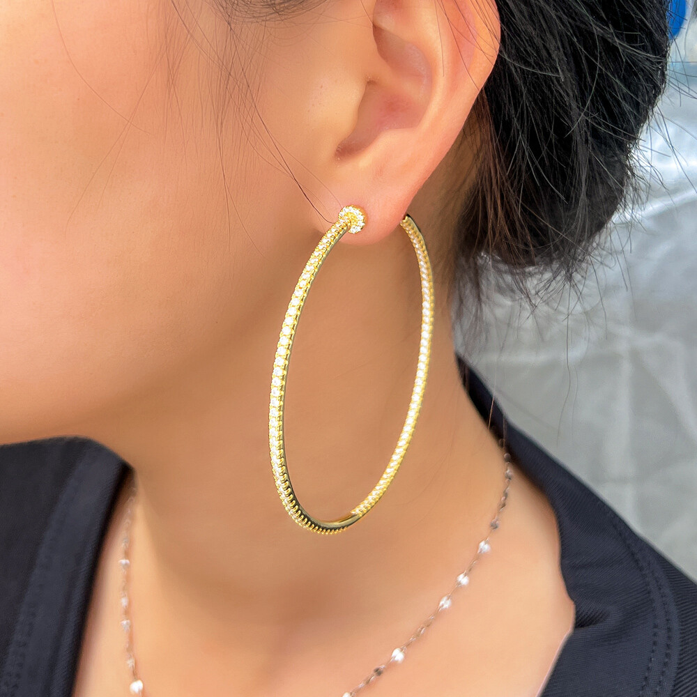 Oversize Silver Plated Cubic Zircon Big Thin Round Loop Hoop Earrings for Women