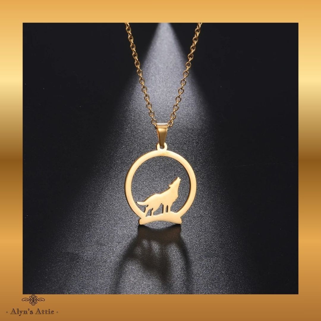 Gold Tone Stainless Steel Howling Wolf Amulet Pendant 45cm Chain + 5cm Extender